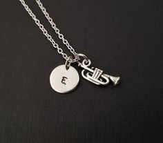 Silver Trumpet Necklace - Band Student Necklace - Personalized Necklace - Musician Gift - Initial Ne Instrument Jewelry, Chef Necklace, Silver Trumpet, Christian Necklace, Diy Jewelry Necklace, Music Jewelry, Lace Bands, Musician Gifts, Shell Jewelry