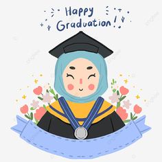 a cartoon character wearing a graduation gown and holding a blue ribbon with the words happy graduation written on it