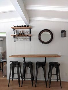 there are four stools at the bar in this room