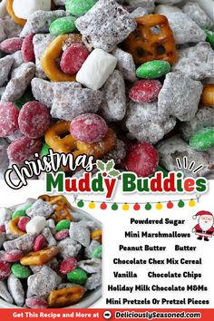 a christmas muddy buddies recipe is featured in this ad for the holiday candy shoppe