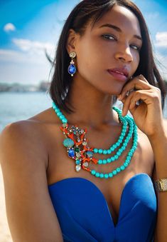 Dive into the essence of beachcomber chic with the "Coral Cabana" Beaded Crystal & Enamel Coral Reef Necklace. This stunning piece is designed for those who embrace the beauty and mystery of the ocean, capturing the allure of a sunken treasure discovered beneath the waves. The necklace features a luxurious triple strand of turquoise-colored beads, reminiscent of the tranquil sea. Each bead shimmers with a sun-kissed glow, creating a captivating canvas for the masterpiece that lies at the heart o Sunken Treasure, Treasure Hunts, Heidi Daus, Enamel Beads, The Coral, Crystal Dangle Earrings, Beach Combing, Crystal Ab, Coral Reef