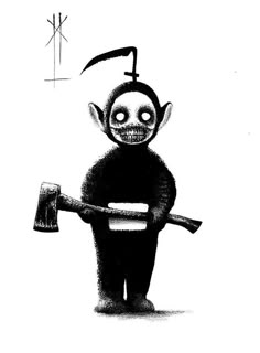 a black and white drawing of a person with an axue on his shoulder holding a hammer