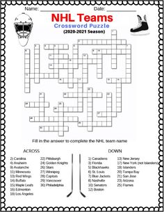 Pin for a free printable NHL teams hockey crossword puzzle Hockey Tournament Ideas Fun, Hockey Printables, Hockey Manager, Hockey Locker