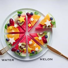 a white plate topped with slices of fruit next to a fork