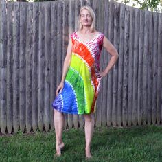 Beautiful basic V-neck wide shoulder strap swing dress in 100% Bali rayon. Loose & flowing, easy to wear, fits a wide range of body types.  V-back as well.  Dyed in a vibrant rainbow arc, or any pattern you want - just ask! Size ---Bust ---Length  S--------- 38------ 39  M--------- 40 ------40  L---------- 44 ------40  XL --------46 ------42  2XL------ 50------- 42 Multicolor Relaxed Fit V-neck Dress, Multicolor Flowy V-neck Sundress, Spring Tie-dye V-neck Dress, Tie Dye V-neck Spring Dress, Spring Tie Dye V-neck Dress, Casual Multicolor V-neck Sleeveless Dress, Summer Tie-dye V-neck Dress, Summer V-neck Tie-dye Dress, Summer Tie Dye V-neck Dress