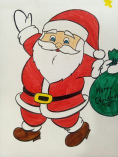 a drawing of santa holding a bag of gifts