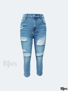 Bjux - Womens High-Stretch Capris Denim Pants in Blue with Ripped Holes and Slim Fit Slash Pockets Denim Pants, Capri, Weaving, Slim Fit, Zipper, Pants, Blue, Trousers