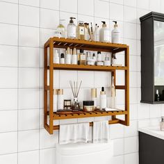 a wooden shelf filled with lots of different types of bathroom items next to a sink