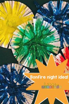 four different colored paper flowers with the words bonfire night idea