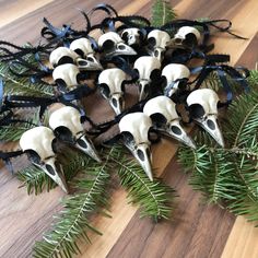 A set of 15 Crow Christmas Tree Ornaments, Faux Crow Bone Clone Crow Skull Gothic Home Decor, with black gothic ribbon. Crow Christmas, Skull Christmas Tree, Skull Ornaments, Moody Christmas, Nightmare Before Christmas Ornaments, Skull Christmas, Goth Christmas