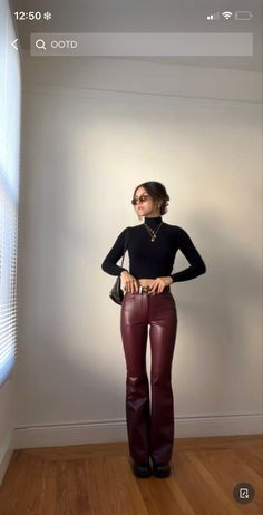 Leather Trousers Outfit Brown, Mock Neck Jewelry, Burgundy Pants Black Top, Red Leather Jeans Outfit, Black Leather Pant Outfits Night, Maroon Pants Outfit Aesthetic, Burgundy Pants Outfit Aesthetic, Plum Leather Pants Outfit, Gold Jewelry Black Outfit