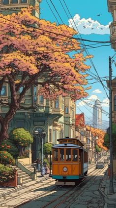 an orange trolley car traveling down a street next to tall buildings with trees in the background