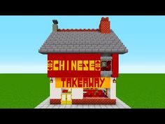 a small red and white house with chinese takeaway sign on the front door in minecraft