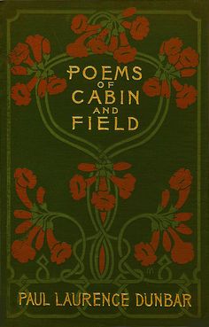 an old book cover with red flowers on green and black paper, the title reads poem of cabin and field