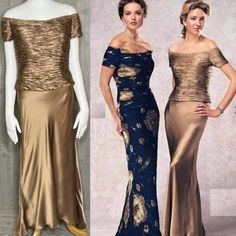 two women in evening gowns, one wearing gold and the other blue with an off shoulder