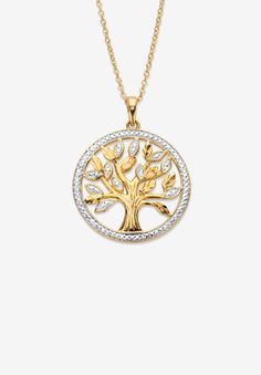 Celebrate life and hope with this sparkling Tree of Life celebrating hope, love and dreams. Showcased by a border and leaves glittering with genuine round diamond accents, this lovely pendant necklace is meant to evoke cherished memories. Includes gift box and drawstring pouch.18k Gold-Plated Sterling Silver18" lengthIncludes 18k Gold-Plated Sterling Silver ChainPendant Dimensions: 24 mm wide x 31 mm long x 3 mm highChain Dimensions: 1 mm wide x 18 inches long x 1 mm highIncludes gift box and dr Diamond Pendants Designs, Tree Jewelry, Platinum Credit Card, Pendant Diamond, Celebrate Life, Silver Tree, Tree Of Life Pendant, Jewelry Tree, Drawstring Pouch