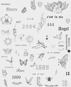 the back side of a sheet of paper with different tattoos on it and numbers in each corner