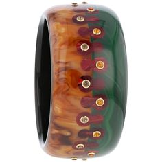 Two vintage bakelite bangles, one brown and the other green, the bi-color bangle halves have been joined together with inlaid burgundy elements in a double lobed motif. The inlaid pieces are alternatively set with citrine or smoky quartz. All gemstones are bezel-set in 18k yellow gold. This bangle has a lining that reduces the inner diameter substantially. It is perfect for those looking for a smaller sized bangle. The lining can be removed, at no cost, if needed to enlarge the piece. Metal 18-K Bakelite Bangles, Brown And Green, Vintage Bakelite, Smoky Quartz, Bezel Setting, Gift Necklace, Brown Color, Citrine, Ring Earrings