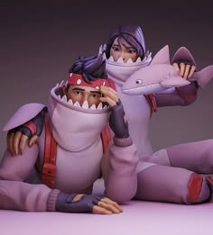 an animated figure is posed on the ground with a shark in its mouth and another person wearing a costume