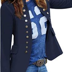 100% Polyester Buckle Closure Long Sleeves And Stand Collar For Blue Blazer For Women. Shoulder Padded Details Efficiently Enhance Your Structured Silhouette. Navy Blue Blazer For Women Embellished With Unique Buttons At Both Side, Comes With A Hidden Buckle Closure. Full Lining For Cozy Wear. Navy Blazer Women Also Features Front Functional Pockets, Perfectly Carrying Some Necessity, Or Nailing A Chic Look. Navy Button-up Blazer For Fall, Fall Navy Button-up Blazer, Navy Blazer With Button Closure For Fall, Navy Fitted Button-up Outerwear, Navy Blazer With Pockets For Fall, Fitted Navy Blazer For Spring, Blue Office Outerwear With Snap Buttons, Blue Blazer With Snap Buttons For Office, Navy Office Blazer For Fall