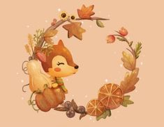 an animal is sitting in the middle of a wreath with leaves and acorns