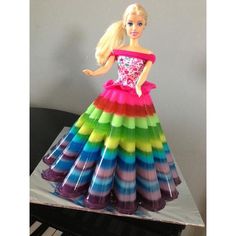 a barbie doll wearing a multicolored dress on top of a piano keyboard in front of a gray wall