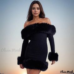 Olivia Mark - Luxurious Faux Fur-Trimmed Off-The-Shoulder Long Sleeve Mini Bodycon Party Dress Stand Collar Dress, Bodycon Party Dress, Long Sleeve Evening Dresses, Plus Swimwear, Bodycon Dress Parties, Traditional Fashion, Long Shirt Dress, Mini Cocktail Dress, Long Sleeve Bodycon