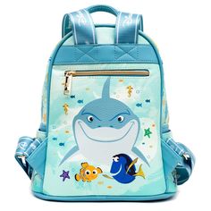 This LIMITED EDITION Finding Nemofashion mini backpack features the characters from Finding Nemo including Nemo and Squirt on the front with Pearl on the pocket, all in beautiful, bright colors. The side pouches show more of their friends. The back of the bag shows Bruce the shark sneaking up on an unassuming Nemo and Dory. The bag has fabric straps perfect for puttingpins on. Disney-themed Character Backpack, Character Backpack For Disney Trips, Disney Backpack For Theme Park And Back To School, Character Backpacks For Disney Trips, Disney Themed Standard Backpack For Theme Park, Disney Character Style Backpack, Character Style Backpack For Disney Fan Events, Back To School Backpack For Theme Park, Themed Backpack For Theme Park