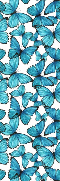 many blue butterflies flying in the air with their wings spread out to form a pattern