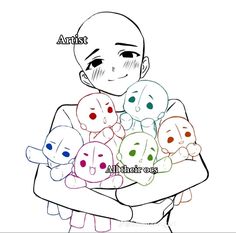 an anime character holding several small cartoon characters with different expressions on their faces and arms