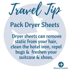 the travel tip for dryer sheets is shown in blue and white with an airplane on it