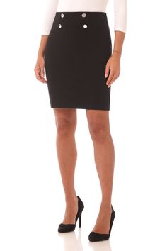 Whether heading to the office or to a dinner date, this pull-on knit pencil skirt is certain to impress. Made from a thick and luxurious fabric, it fits and flatters effortlessly for elegance and sophistication wherever you go. The Ponte knit fabric offers a hint of compression for extra slimming and confidence, making this skirt easy to wear for all-day comfort with a Parisian-inspired look. The flattering above-the-knee cut is paired with back darts, ensuring the most body-hugging, sculpting a Skirt With Buttons, Knit Pencil Skirt, Dinner Date, Beautiful Skirts, Luxury Fabrics, Button Detail, Above The Knee, Every Woman, The Office