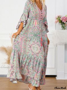 Olivia Mark - Paisley Print Maxi Dress with Lotus Leaf Hem Green Paisley, Elegant Maxi Dress, Lotus Leaf, Pink Maxi Dress, 80 Dress, Printed Maxi, Types Of Skirts, Printed Maxi Dress, Ruffle Trim