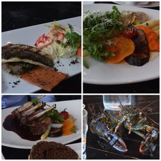 four pictures of different types of food on plates and in bowls, including lobsters