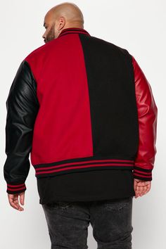 Available In Black/Red. Ribbed Collar Cuff Front Button Closure 2 Side Hand Pockets Faux Leather Sleeves Ribbed Cuff's And Hem's Colorblock Detail Body: 95% Polyester, 5% Viscose Sleeve Shell: 100% Polyurethane Contrast Rib: 99% Polyester 1% Spandex Lining: 100% Polyester Imported | Mens For The Books Faux Leather Sleeves Colorblock Varsity Jacket in Black/Red size Small by Fashion Nova Red Long Sleeve Varsity Jacket With Patchwork, Red Patchwork Varsity Jacket, Red Patchwork Long Sleeve Varsity Jacket, Black Hooded Varsity Jacket With Patchwork, Black Patchwork Varsity Jacket For Fall, Multicolor Varsity Outerwear For College, Urban Black Color Block Outerwear, Black Winter Varsity Jacket With Zipper Closure, Black Varsity Jacket With Zipper Closure For Winter