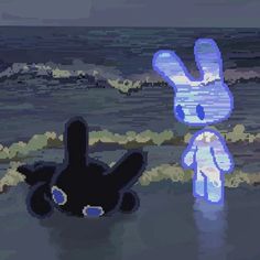 two cartoon characters are standing in the water