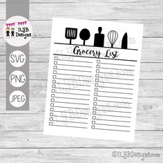 the grocery list printable is shown on a wooden table with a sticker next to it