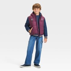 Add superhero flair to your child's winter collection with this Spider-Man Fictitious Character Printed Puffer Jacket. Designed in a striking colorblock scheme in burgundy and navy, the long-sleeve jacket is contrasted with ribbed edges adorned with stripes in white, burgundy and navy. It's crafted from midweight taffeta fabric and showcases classic channel-stitched quilting with Spider-Man logos on the front and a large Spider-Man drawing across the back. A full-length zippered fastening down t Winter School Cotton Outerwear, Winter Cotton Outerwear For School, Red Winter Outerwear For School, Spider Man Drawing, Printed Puffer Jacket, Classic Channel, Large Spiders, Boys Puffer Jacket, Man Drawing