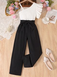 Black Cute Collar   Colorblock,Plain  Embellished Non-Stretch  Teen Girls Clothing Cute Outfits With Shorts, Paper Bag Waist Pants, Simple Frock Design, Trendy Outfits For Teens