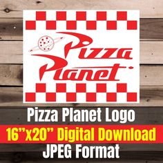 the pizza planet logo is displayed on a wooden background with red and white checkered border