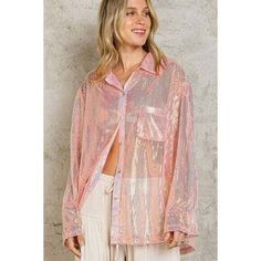 Life's a Party Sequin Button-Up Shirt in Peach Blush Our most popular sequin top now comes in a new colorway- Peach Blush! We love the iridescent look- absolutely BEAUTIFUL! These sequin tops run very oversized, so everyone can size down 1-2 sizes from your normal top size UNLESS you want to wear it like a mini dress. Either way, you can't go wrong! Life's a party when you have a closet full of sequins. ;) Item Deets: 90% Nylon 10% Spandex Measured from a small Bust: 23" Length: 27" / 29" Size C Peach Blush, Running Tops, Sequin Top, Womens Clothing Tops, Button Up Shirts, Most Popular, Sequin, Blouses For Women, Button Up