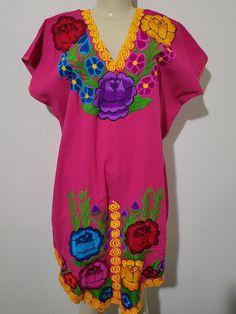 XL Floral Embroidered Mexican  Women's Dress Length 37 in Chest 42 Pink Embroidered V-neck Dress, Multicolor V-neck Dress With Floral Embroidery, Embroidered Multicolor V-neck Dress, Multicolor V-neck Embroidered Dress With Floral Details, Pink Casual Dress With Embroidered Hem, Casual Pink Dress With Embroidered Hem, V-neck Dress With Multicolor Embroidery, Pink Cotton Embroidered Dress With Short Sleeves, Embroidered Pink Dress For Vacation