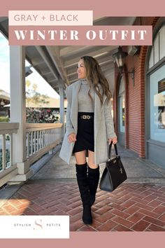 If you're looking for winter style inspiration, this casual winter look will have you looking chic! A cozy grey cardigan and sweater, cute black skirt paired with stylish boots creates an easy and cozy chic outfit for any occasion! Follow for more winter outfit ideas! Black Winter Outfits, Cozy Chic Outfit, Winter Style Inspiration, Cute Black Skirt, Winter Outfit Ideas