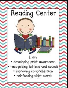 the reading center poster with an image of a boy holding a book and some books