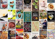 there are many different books in the collage together, including one that is filled with food