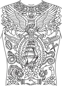 the chest with an eagle and ship on it, as well as other symbols in black ink