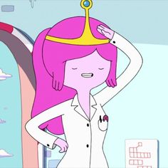 a woman with pink hair and a crown on her head standing in front of a mirror