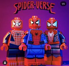 the lego spider - verse movie poster is displayed in front of a purple background with an orange and blue color scheme