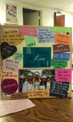 a bulletin board with pictures and words on it that says, 8 things we love about you