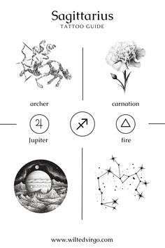 the sagittarius tattoo guide is shown in black and white, with four different symbols